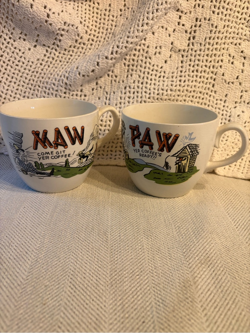Vintage Maw and Paw Coffee Mugs with Green and Orange Rustic Print - Set of 2